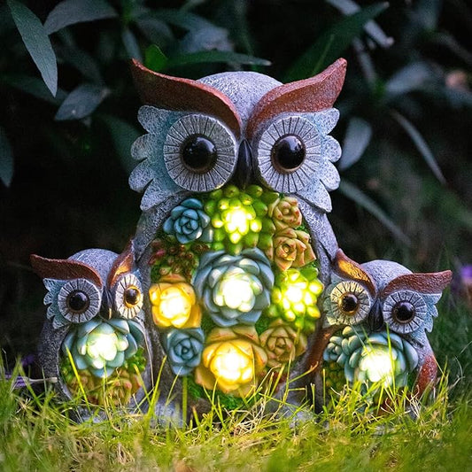 Solar Garden Statue Owl Decor – Cute Owl Family Figurines with LED Succulent Lights, Waterproof Outdoor Yard Art Ornaments for Patio, Lawn, Porch, Housewarming Gifts for Women Mom Candieslife