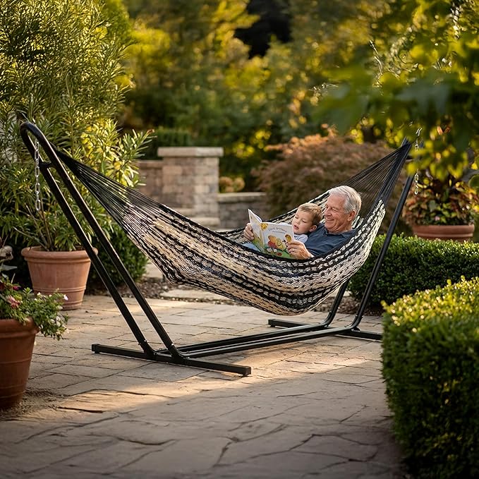 Sunnydaze Handwoven XXL Thick Cord Mayan Double Hammock for Outside - 625-Pound Capacity Heavy-Duty Outdoor Hammock - Black/Natural SunnydazeDecor