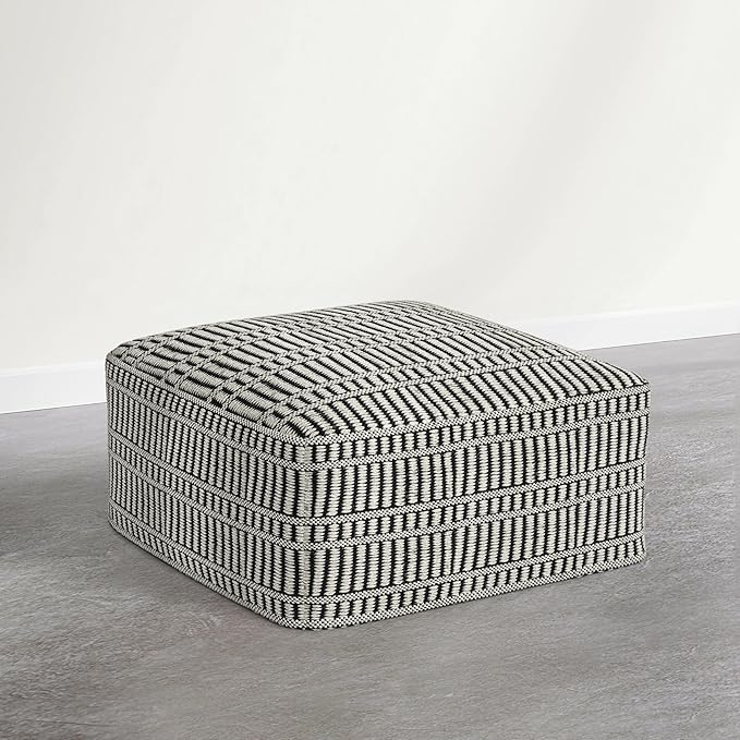 SIMPLIHOME Safford Square Pouf - 20 inch Wide Upholstered PET Polyester Ottoman in Cream White and Deep Black, Boho Indoor/Outdoor Footstool or Extra Seating for Living Room or Patio, Assembled SimpliHome