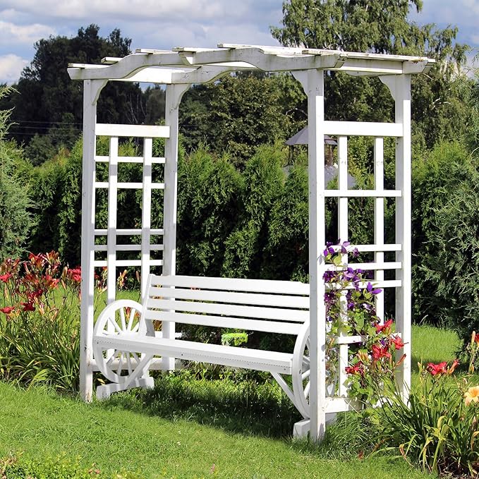 VINGLI Rustic Wooden Wheel Bench Outdoor Bench, Patio Bench Wagon Slatted Seat, Garden Benches for Outdoors 350lbs High Capacity, Weather Resistance (White, 55in) VINGLI