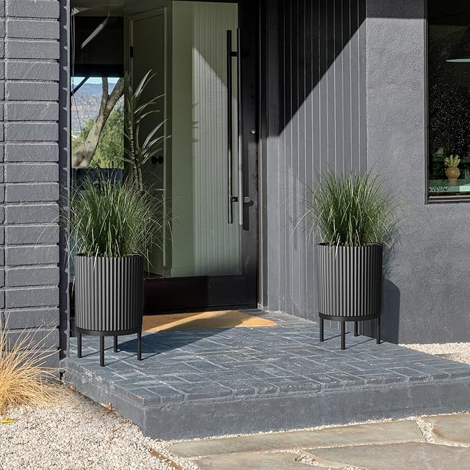 Veradek Demi Series Round Planter w/ Stand for Porch/Patio | Durable Plastic-Concrete & Wooden Stand | Modern Décor for Tall Plants, Flowers VeradekOutdoor
