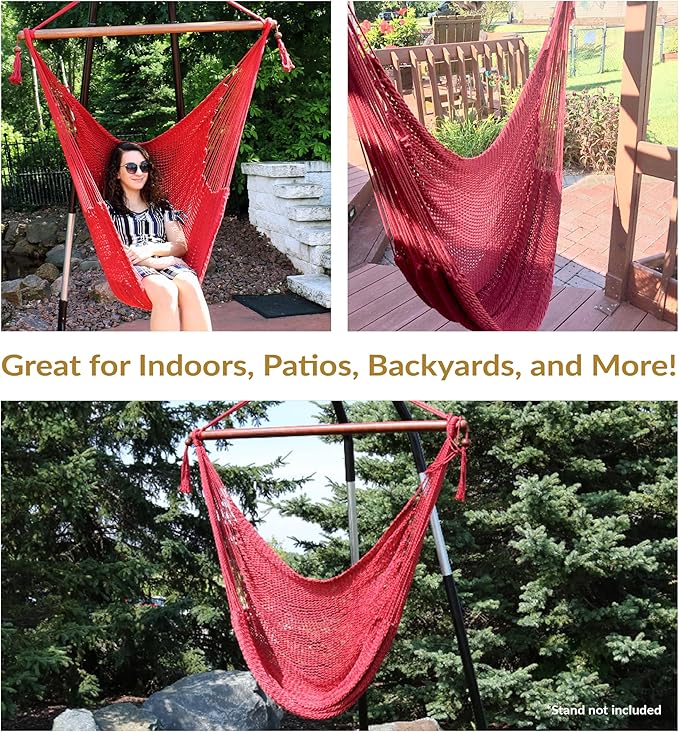 Sunnydaze Outdoor Hammock Chair Swing - Hanging Hammock Swing - Hanging Reading Chair - Soft-Spun Polyester Rope - Caribbean XL - Red SunnydazeDecor