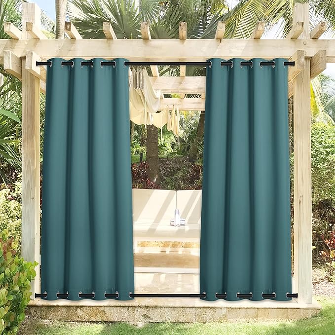 NICETOWN 2 Panels Outdoor Curtains for Patio Waterproof & Windproof, Thermal Insulated Rustproof Top and Bottom Grommet Blackout Outdoor Curtain Drapes for Pergola, W52 by L95, Teal NICETOWN