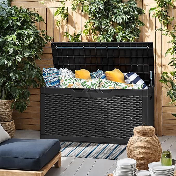 Flamaker Outdoor Storage Box 100 Gallon Waterproof Resin Deck Box Delivery Box with Air Rod Indoor Outdoor Lockable Storage Bench for Patio Cushions, Tools, Pool Accessories (Black) Flamaker