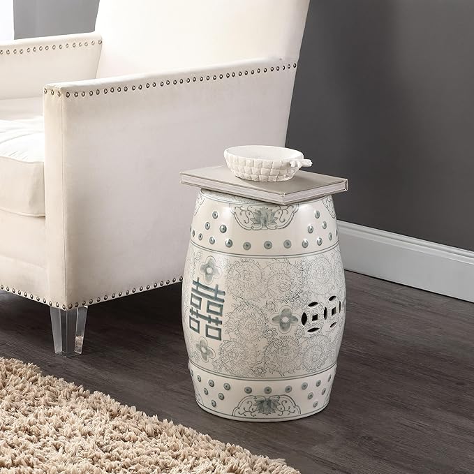 JONATHAN Y TBL1013C Double Happiness 18" Chinoiserie Ceramic Drum Indoor/Outdoor Garden Stool Bohemian, Coastal, Classic, Cottage, Traditional, Patio, Garden, Bathroom, Living Room, Gray Blue/White JONATHANY