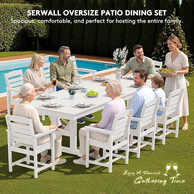 SERWALL 9 Piece Outdoor Dining Set, 84" HDPE Outdoor Table and Chairs for 8，All Weather Patio Furniture Set with Umbrella Hole for Backyard, Garden, White SERWALL