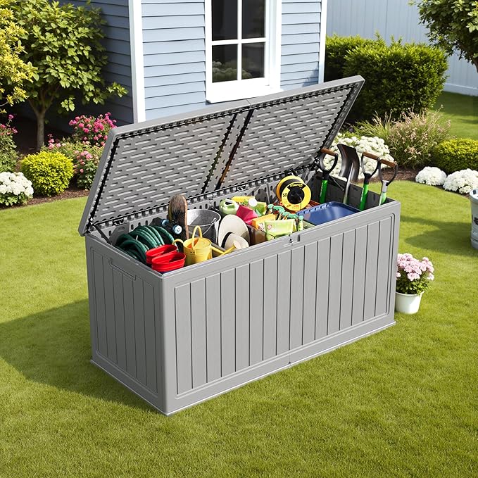 Devoko 260 Gallon Double-Wall Deck Box with Divider, Side Handles, Resin Outdoor Large Storage Box Waterproof and Lockable for Patio Furniture, Garden, Pool (Grey, 260 Gallon) DEVOKO