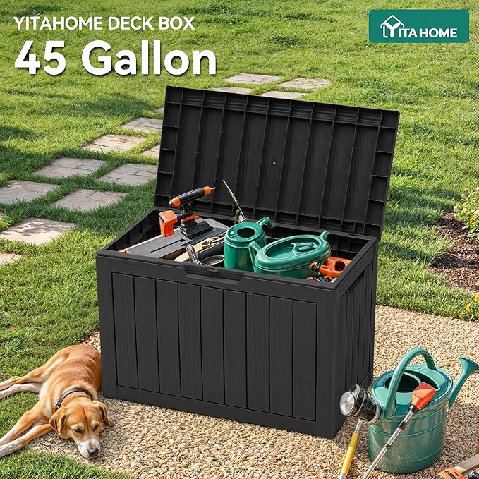 YITAHOME 45 Gallon Deck Box, Outdoor Storage Box for Patio Cushions, Outdoor Tools, Gardening Tools, Sports Equipment, and Throw Pillows, Lockable and Waterproof, Black YITAHOME