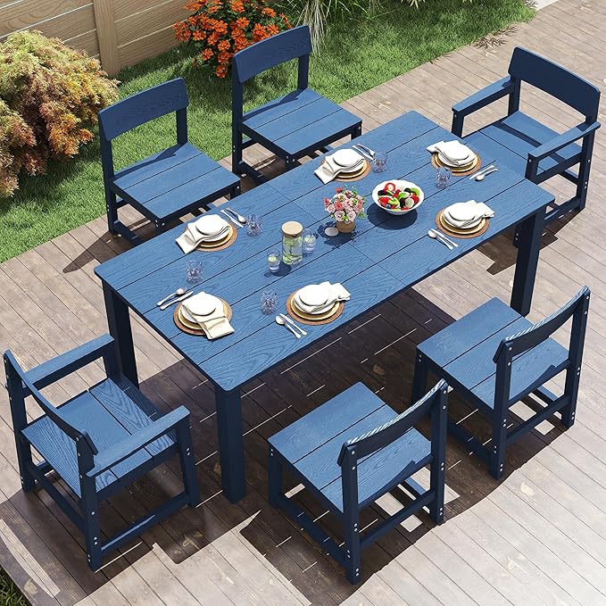 7 Piece Outdoor Dining Table Set HIPS Patio Dining Sets with Umbrella Hole Outdoor Furniture for 6 All Weather Patio Furniture Set for Outside Deck Backyard Poolside Garden, Deep Blue JOCOEVOL