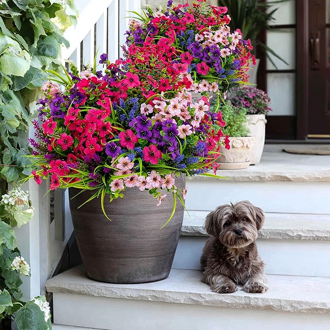 Artificial Flowers for Outdoors Fake Plants - 16 Bundles Faux Outside Greenery Boxwood No Fade Plastic Shrubs Fall Decor Farmhouse Home Garden Thanksgiving Mums (Mix White Purple Pink) AXYLEX