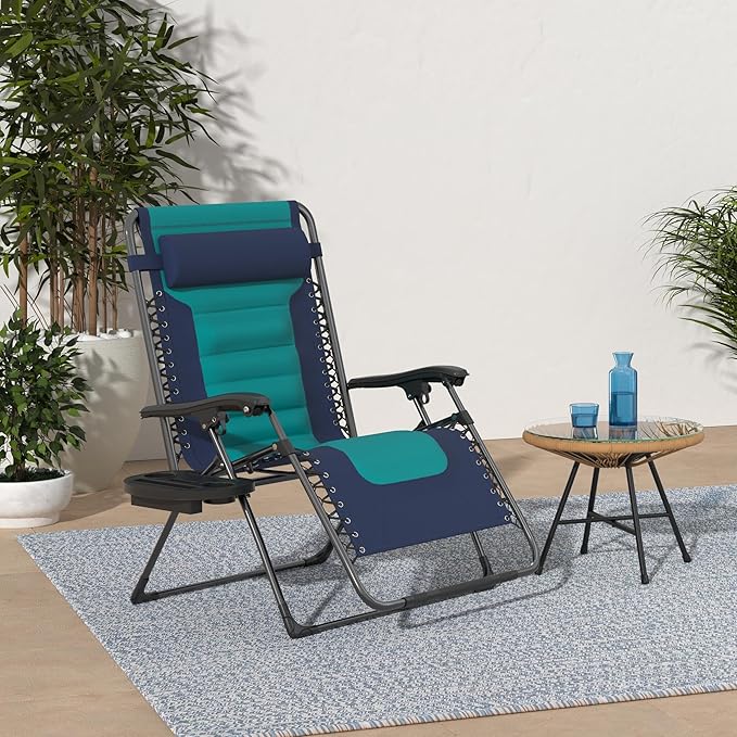Best Choice Products Oversized Padded Zero Gravity Chair, Folding Outdoor Patio Recliner, XL Anti Gravity Lounger for Backyard w/Headrest, Cup Holder, Side Tray, Polyester Mesh - Navy/Teal BestChoiceProducts