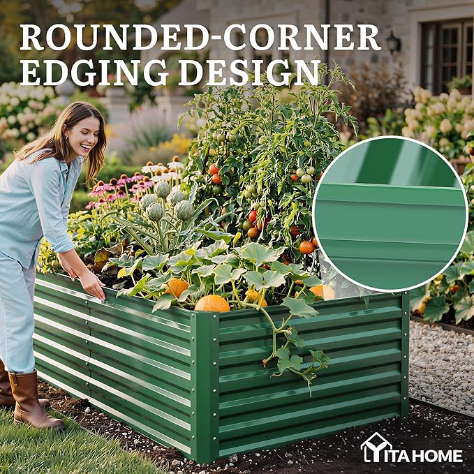 YITAHOME 6x3x2ft Large Raised Garden Bed Kit, Galvanized Metal Planter Box with Gloves, Ground Nails, Support Rod, Outdoor Above Ground Planters for Plants Vegetables Flowers, Green YITAHOME