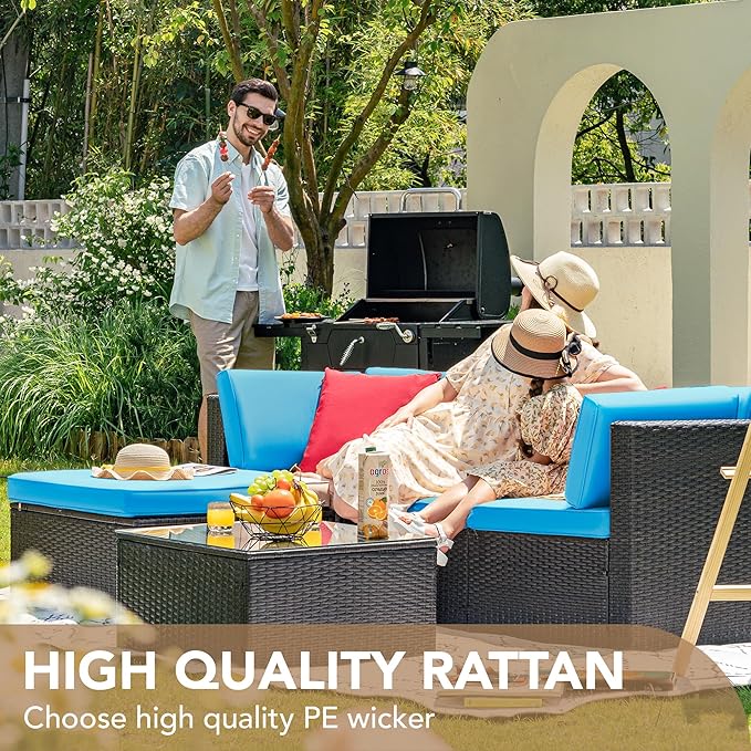 Devoko 5 Pieces Patio Furniture Sets All Weather Outdoor Sectional Patio Sofa Manual Weaving Wicker Rattan Patio Seating Sofas with Cushion and Glass Table (Blue) DEVOKO