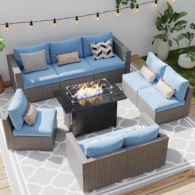Wisteria Lane Patio Furniture Set for All Wheather, 9 Pieces Wicker Outdoor Furniture Set with Washable Cushions & Fire Pit Table, Oversized Outdoor Sectional for Garden, Poolside, Backyard, Blue WisteriaLane