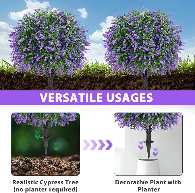 Artificial Boxwood Topiary Ball with Lavender, Set of 2 Artificial Shrub Bushes with Ground Spike, UV Resistant Fake Evergreen Plant Tree for Porch Outdoor Planters Indoor Valentine's Day FEELTHENEWWORLD