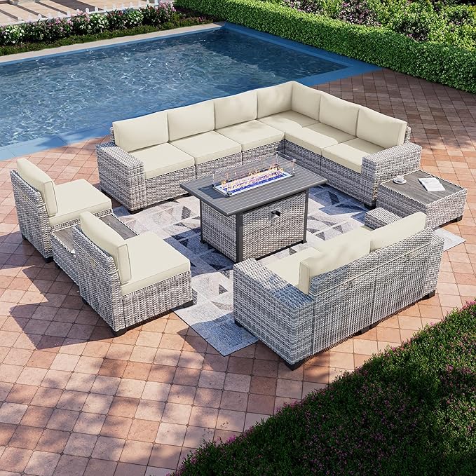 13-Piece Outdoor Patio Furniture Set with 55,000 BTU Fire Pit Table, PE Wicker Rattan Sectional Sofa Patio Conversation Set with Coffee Table, White MuphyersPatioFurniture