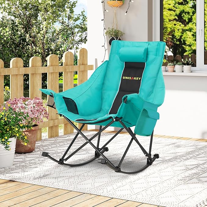 Oversized Rocking Camping Chair with Headrest & Cup Holder - 400lbs Capacity, 600D Oxford Fabric, Easy Fold Portable Outdoor Rocker Chair for Camping, Backyard, Beach, Blackgreen Rootora