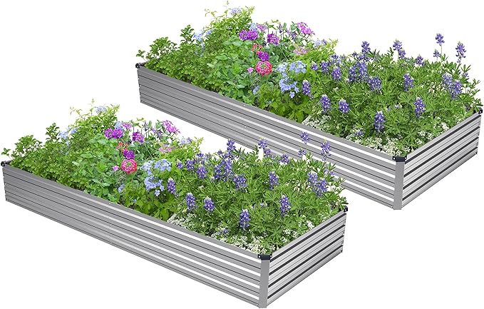 2PCS 8x4x1ft Galvanized Raised Garden Bed Kit, Galvanized Planter Raised Garden Boxes Outdoor, Large Metal Raised Garden Beds for Vegetables,Silver Easllre