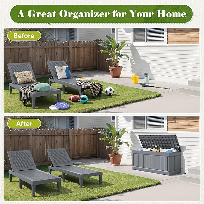 Flamaker Outdoor Storage Box 80 Gallon Resin Waterproof Deck Box Delivery Box with Wood Texture Large Storage Bin for Patio Cushions, (Grey) Flamaker