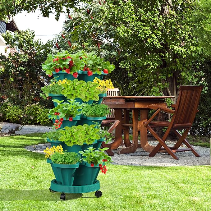 Strawberry Vertical Planters Tower Garden, 7 Tiered Stacking Herb Vegetable Planter with Support Pole Indoor and Outdoor - Hunter Green Tectsia