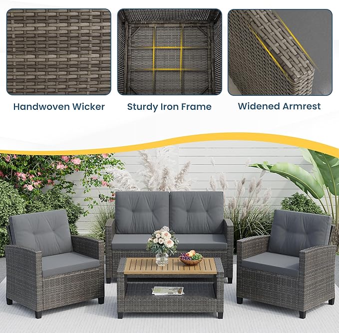 Wisteria Lane 4 Piece Patio Furniture Set, Wicker Outdoor Patio Conversation Furniture Set, All Weather Outdoor Patio Sofa with Cushion and Wood Table, Grey Wood WisteriaLane