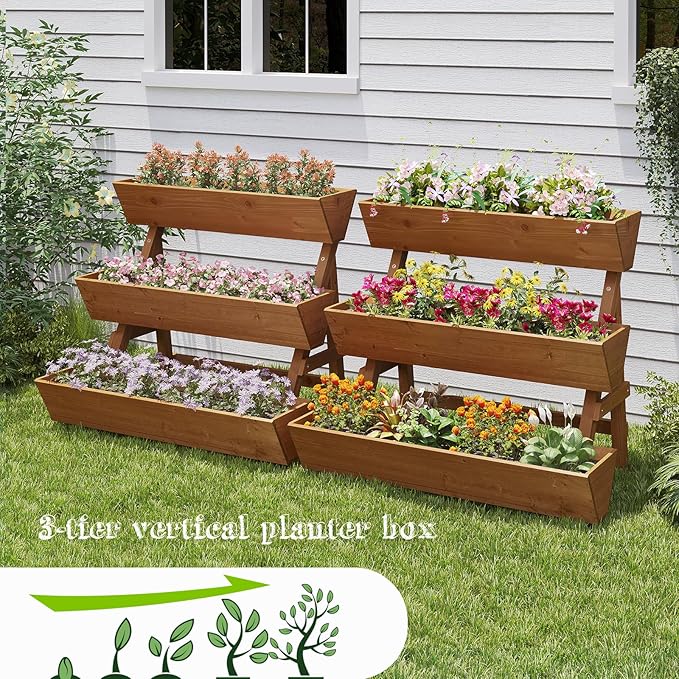 3-Tiers Wooden Raised Garden Bed Tiered Planter Box Flower Pots Vertical Garden Planter Wood Plant Stand for Vegetables Flowers Herbs for Patio, Balcony, Freestanding (Brown L) Dawnyard