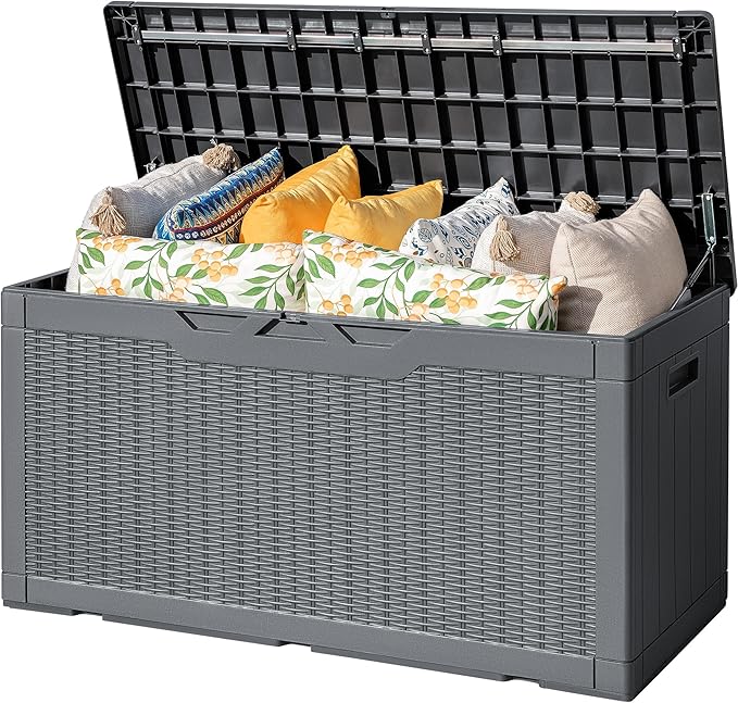 Flamaker Outdoor Storage Box 100 Gallon Waterproof Resin Deck Box Delivery Box with Air Rod Indoor Outdoor Lockable Storage Bench for Patio Cushions, Tools, Pool Accessories (Gray) Flamaker
