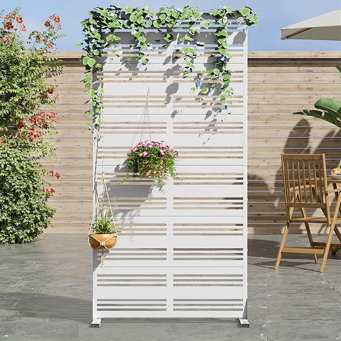 Casaphoria 72" H x 35" W Metal Privacy Screen, Outdoor Freestanding Decorative Divider for Patio, Deck, Balcony, and Garden with Stable Base, White-Harold Casaphoria