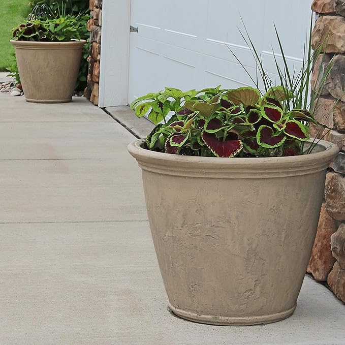 Sunnydaze 24-Inch Anjelica Large Plastic Pot for Plants - Outdoor Double-Walled Large Plastic Planter with Drillable Drainage Holes - Beige - 2pk SunnydazeDecor