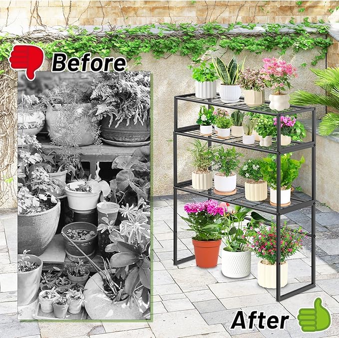 Metal Plant Stand Indoor Outdoor, 3 Tier Potted Multiple Flower Pot Holder Rack Plant Shelf, Heavy Duty Planter Display Shelving for Patio Balcony Garden Living Room Decorative (Black-3 Tier) Gouisalin