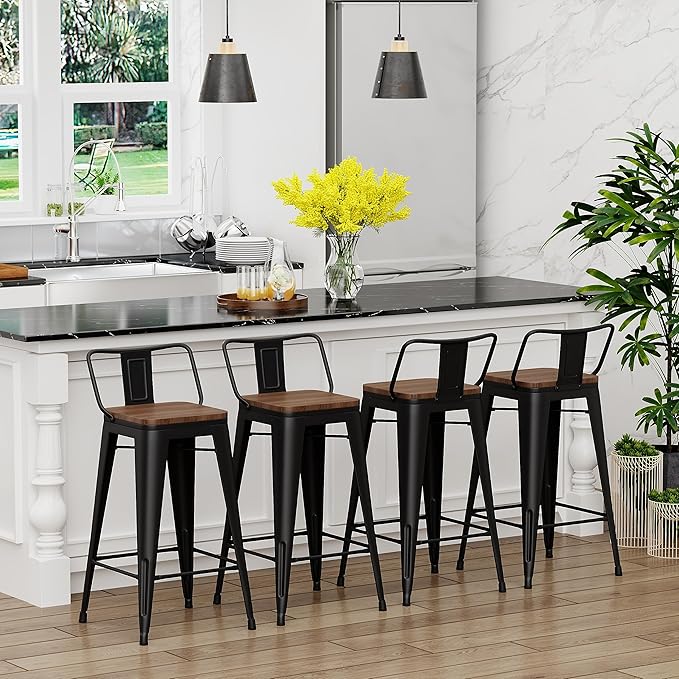 Yongchuang 24" Metal Barstools Set of 4 Counter Bar Stools with Wood Top Low Back Matte Black YongchuangInternational