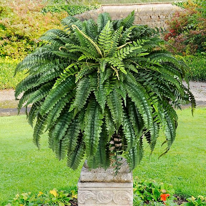 MARTINE MALL 2Pcs 48'' Fake Ferns Look Real Artificial Ferns for Outdoors, 88 Branches Large Faux Boston Fern for Outdoor Planter Realistic UV Resistant Hanging Artificial Fake Plants for Porch Patio MARTINEMALL
