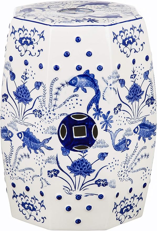 Safavieh Castle Gardens Collection Glazed Ceramic Blue Cloud 9 Chinoiserie Garden Stool SAFAVIEH