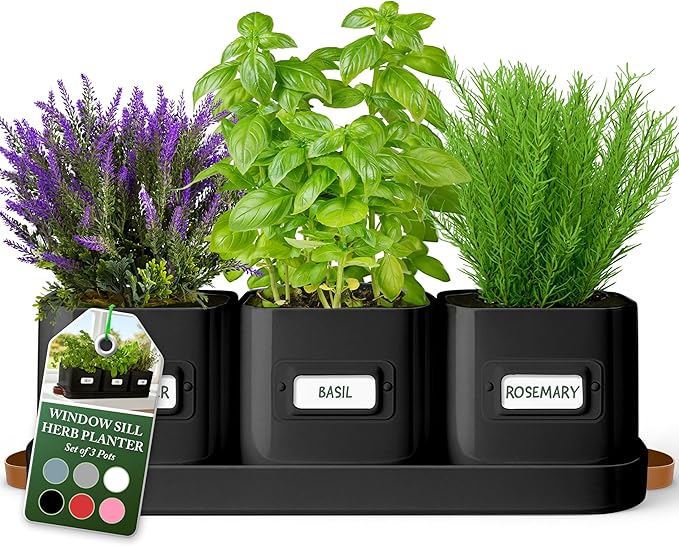 volila Herb Planter Indoor - Set of 3 Black Indoor Herb Garden Pots for Plants with Leather Handled Tray - Window Sill Plant Shelf - Herb Pots with Drainage Holes and Labels volila