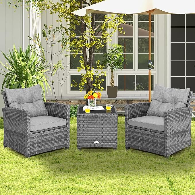 Tangkula 3 Pieces Patio Furniture Set, Outdoor PE Rattan Conversation Chair Set with Tempered Glass Side Table and Removable Cushions, PE Wicker Chairs and Table Set for Porch, Balcony and Garden TANGKULA