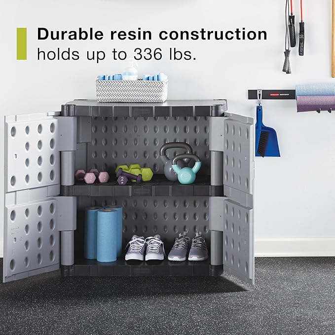 Rubbermaid Freestanding Storage Cabinet with Doors 18"D x 36"W x 37"H Medium Gray/Black Two-Shelf Lockable Cabinet for Indoor/Outdoor/Garage Storage for Garden Tools/Lawn Care Accessories Rubbermaid