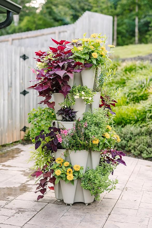 Greenstalk Patented Large 5 Tier Vertical Garden Planter with Patented Internal Watering System Great for Growing a Variety of Strawberries, Vegetables, Herbs, & Flowers (Stunning Stone) GreenStalkVerticalGardens