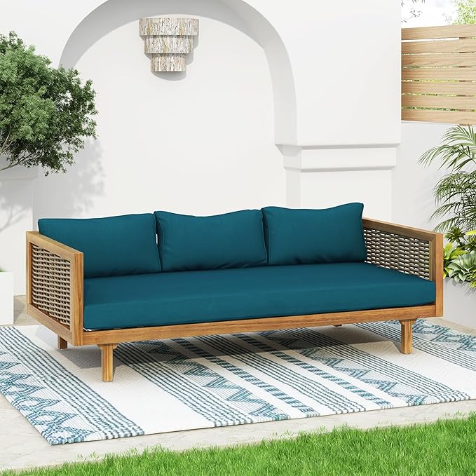 Merax 67.5" Outdoor Patio Daybed 3 Seater Sofa Bed,Acacia Wood Frame with Rattan Arm,Cushion & Pillow for Courtyard Merax