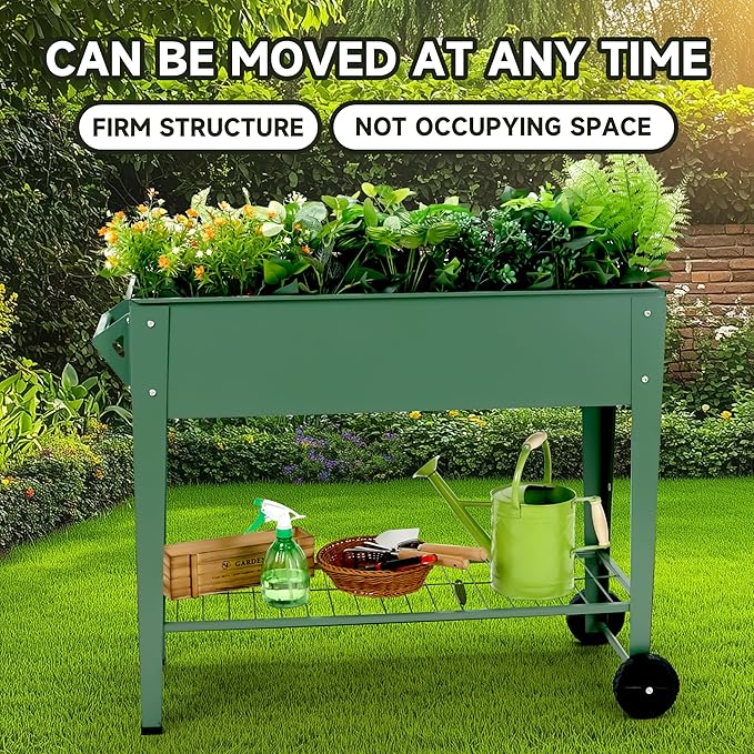 Raised Garden Bed with Legs and Wheels Removable for Outdoor, 31.6 * 14.6'' Metal Planter Raised Box for Growing Vegetables Herb Flower in Patio (Green) Rootora