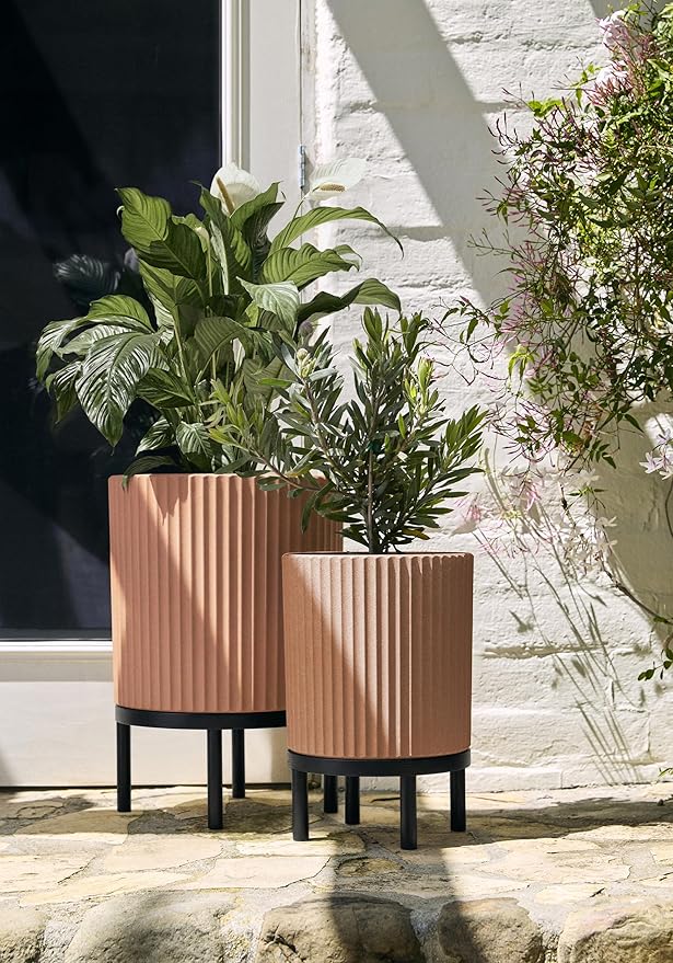 Veradek Demi Series Round Planter w/Stand for Porch/Patio | Durable Plastic-Stone Composite & Wooden Stand | Modern Décor for Tall Plants, Flowers VeradekOutdoor