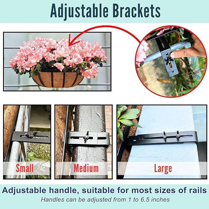LaLaGreen Deck Railing Planter Boxes (16 Inch, 4 Pack) Black Metal Rectangular Hanging Planters with Coco Liner, Adjustable Flower Planter Box Brackets for Plants Fence Balcony Patio Porch Over Rail L%C3%A1L%C3%A1Green