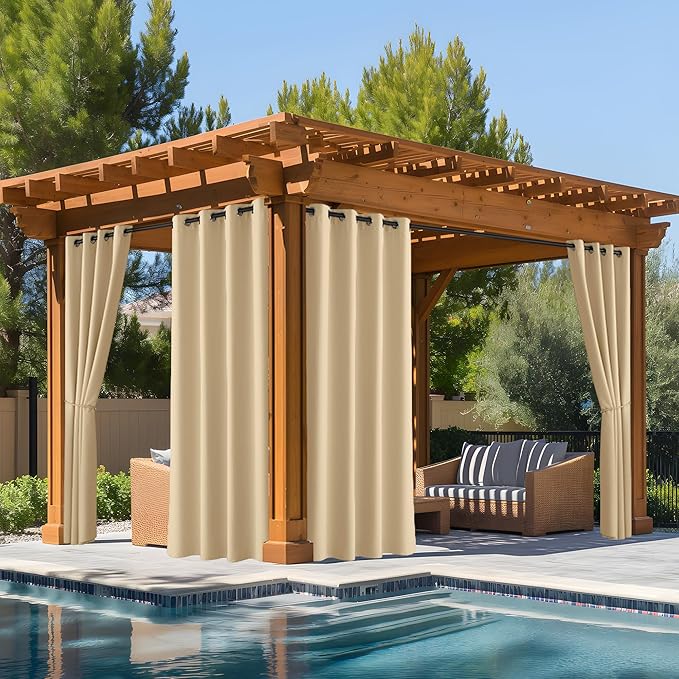 NICETOWN Fade Resistant Outdoor Curtains 2 Panels, Patio Waterproof Drapery Color Fastness Grade 4 Certification, UV Protection Blackout Shades for Porch, Deck, Pergolas, Biscotti Beige, W52 x L108 NICETOWN