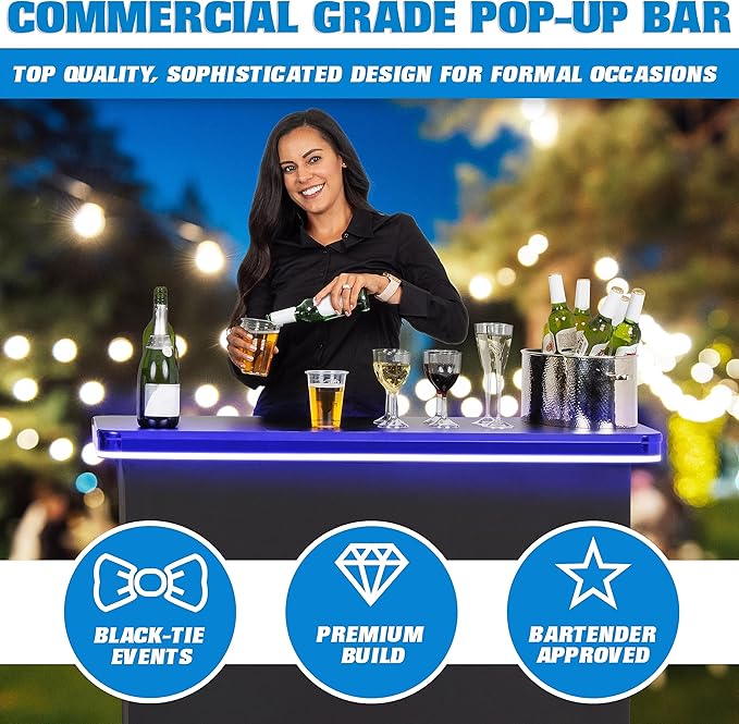 GoBar PRO Commercial Grade Portable Bar Table - Mobile Bartender Station for Events - Includes Black Skirt and Carry Case - Standard or LED, Pack 1 GoBar