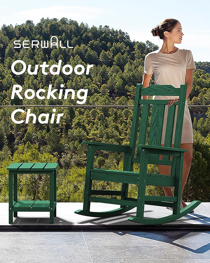 SERWALL Outdoor Rocking Chair Set of 4, Patio Rocking Chairs Set, HDPE Rocking Chair Outdoor for Adults, Heavy Duty Front Porch Rocker, Green SERWALL