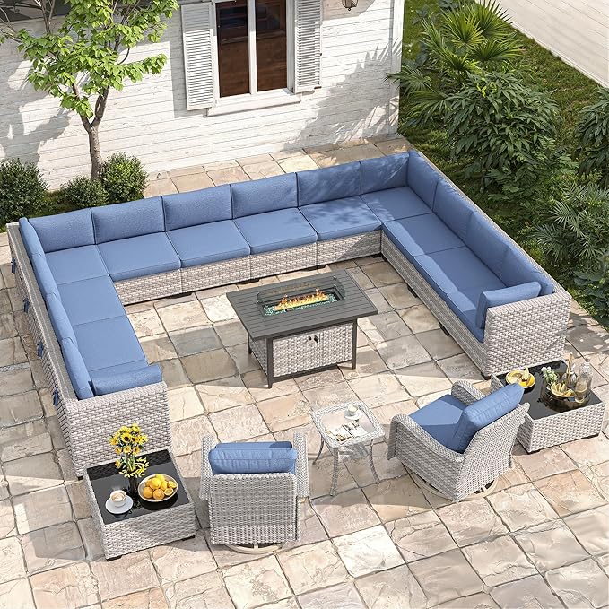 14-Seat Outdoor Wicker Patio Furniture Set with Fire Pit Table, Modular Rattan Sectional Sofa & 2 Swivel Rocking Chairs, 4" Thick Cushions, Rust-Resistant Frame,Navy MASIONBACKYARDS