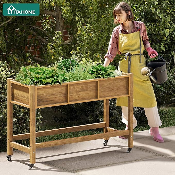 YITAHOME Raised Garden Bed HDPE, 47x18x31In Poly-Wood Weather-Resistant Raised Flower Bed, Elevated Planter Box with Lockable Wheels for Vegetables, Brown YITAHOME