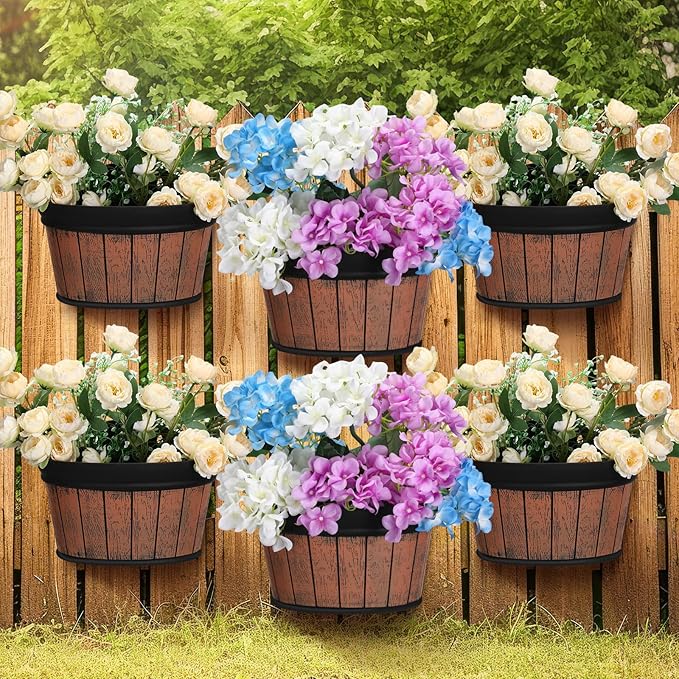 Layhit 6 Pcs Wall Hanging Planters Outdoor Pot Planter Wine Barrel Planter Distressed Oak Thickened Plastic Water Storage Flower Pots for Flower Indoor Outdoor(12 Inches,Brown) ShungLan