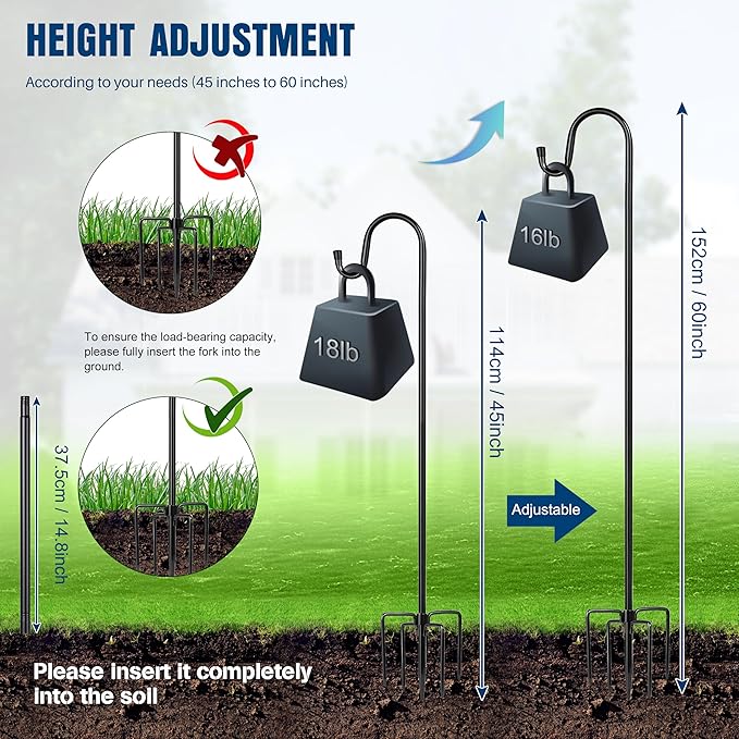 Ottsuls Shepherds Hooks for Outdoor - 60" Heavy Duty Bird Feeder Pole with 5 Prong Base, Adjustable Stand Hanger for Garden Plant, Hummingbird Feeder, Lantern Lights - Haning Wedding Decor (1 Pack) Ottsuls
