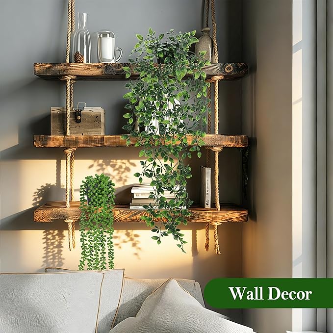 Der Rose 8Pcs Fake Plants Hanging Artificial Ivy Vine Faux Eucalyptus Hanging Plants for Home Boho Wall Shelf Indoor Outdoor Decor (Black Pots) DerRose