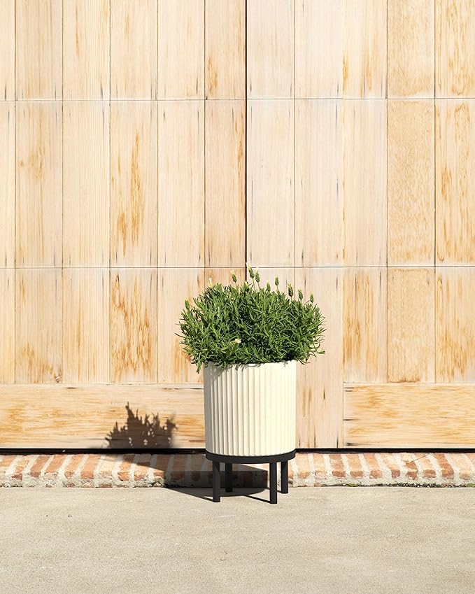 Veradek Demi Series Round Planter w/Stand for Porch/Patio | Durable Plastic-Stone Composite & Wooden Stand | Modern Décor for Tall Plants, Flowers VeradekOutdoor